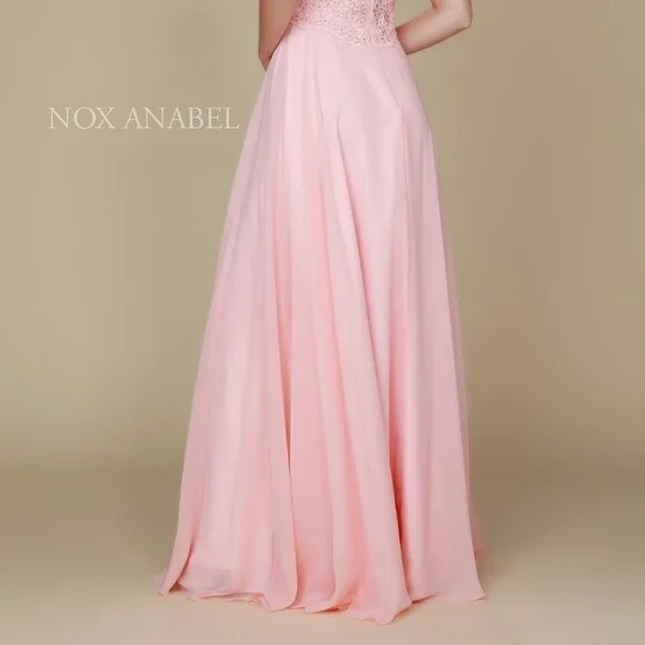 NEW LONG SLEEVELESS A-LINE CHIFFON DRESS EMBROIDERED WITH RHINESTONES NX Y009 - Picture 8 of 8
